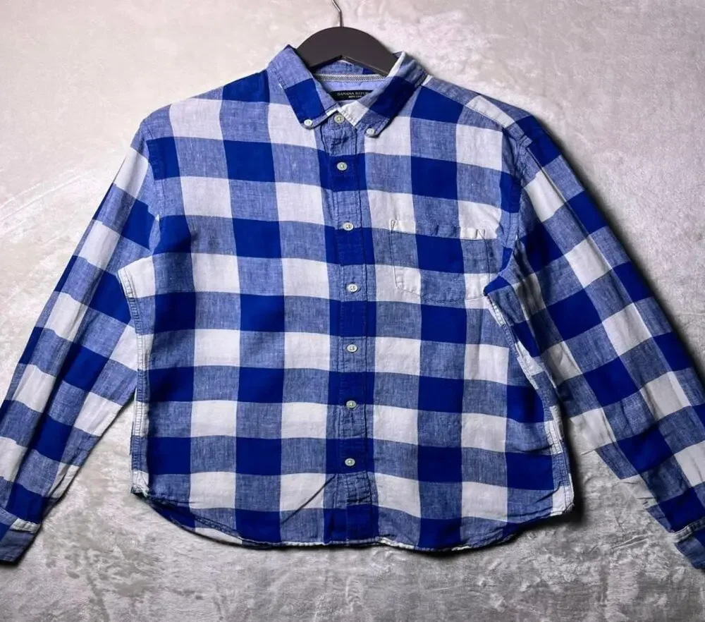 Banana Republic 100% Linen Camden Fit Button Up Shirt Men's M Checker Plaid